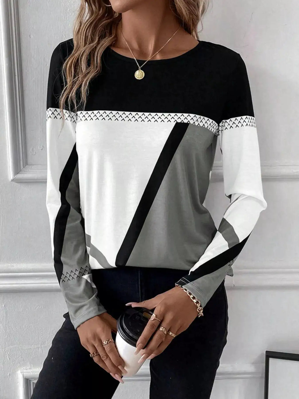 Color Block Long Sleeve T-Shirt with black yoke, white midsection, gray panels and diagonal black stripe