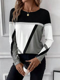 Color Block Long Sleeve T-Shirt with black yoke, white midsection, gray panels and diagonal black stripe