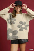 Umgee Floral Jacquard Knit Sweater, cream with gray flower motifs, oversized top