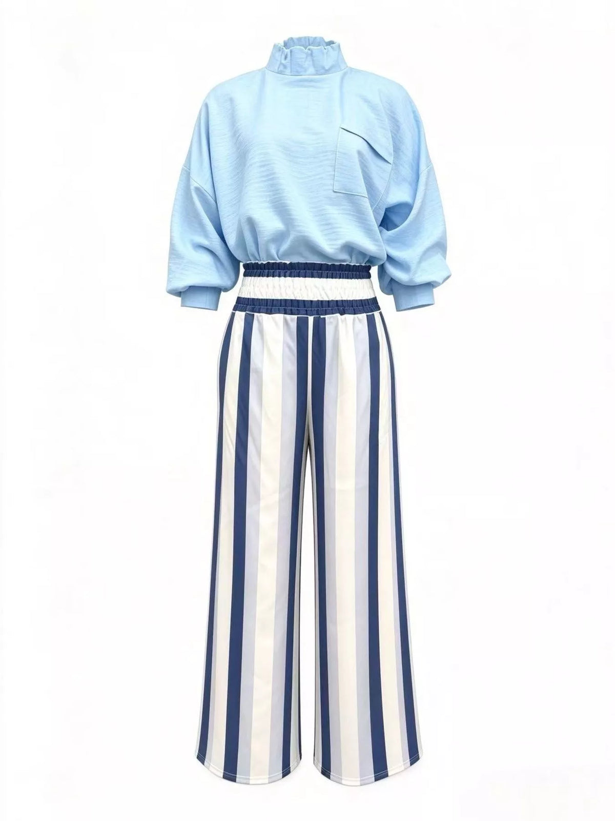Mock Neck Blouse & Striped Wide-Leg Pants Set in Sky Blue by Belle Bijouix – view 9 of 12