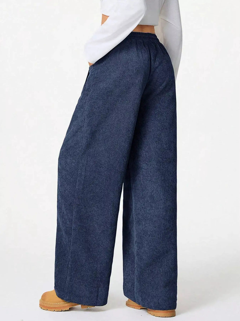 Casual corduroy wide-leg pants in navy with drawstring waist and pockets