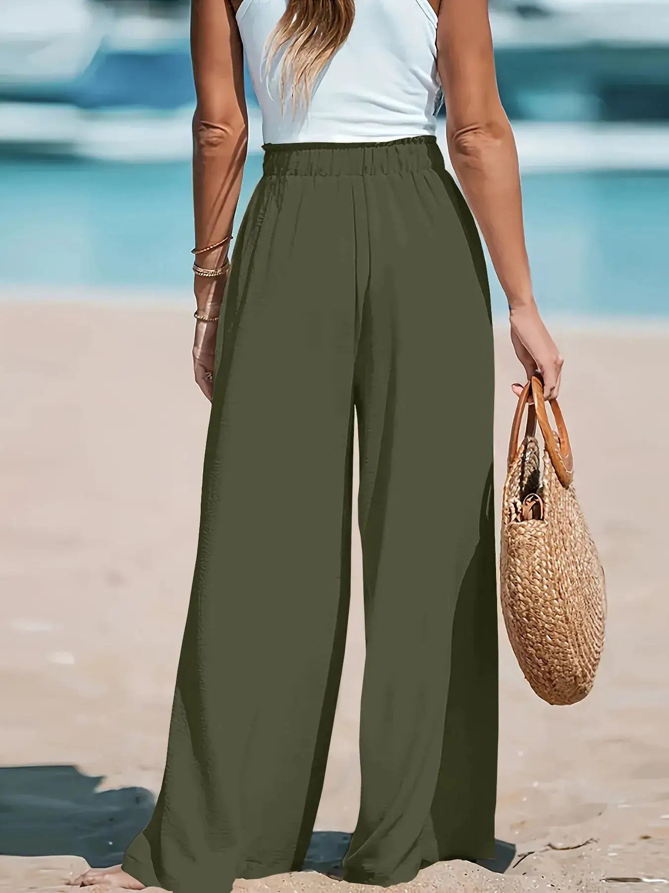 Full Size Drawstring Waist Wide Leg Pants, olive green wide-leg bottoms with tie waist by Belle Bijouix