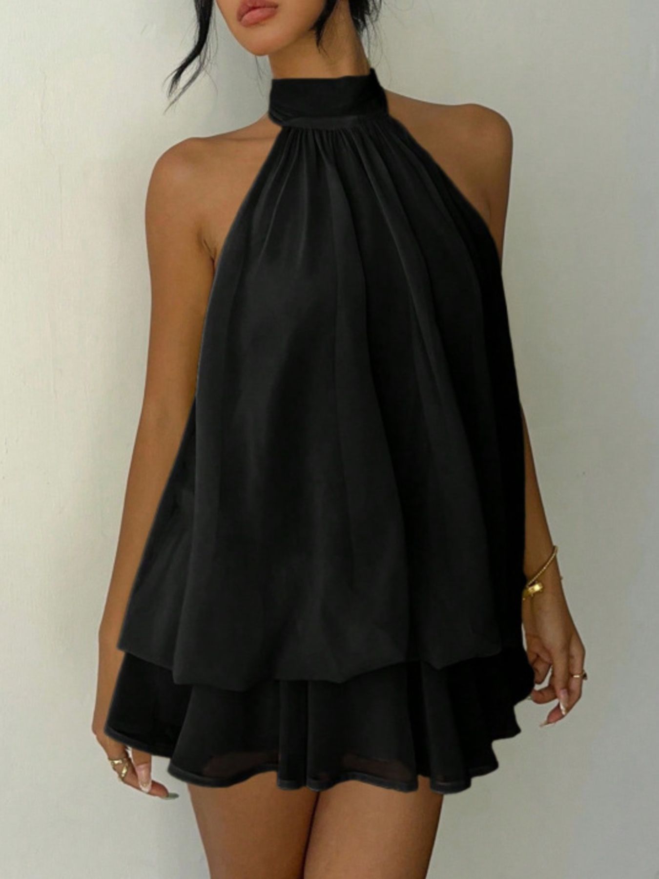 Halter-neck layered black mini dress by Bellebijouix for bridal party