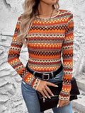Bohemian Geometric Pattern Long Sleeve T-Shirt in orange, cream, brown and black with zigzag bands; Belle Bijouix