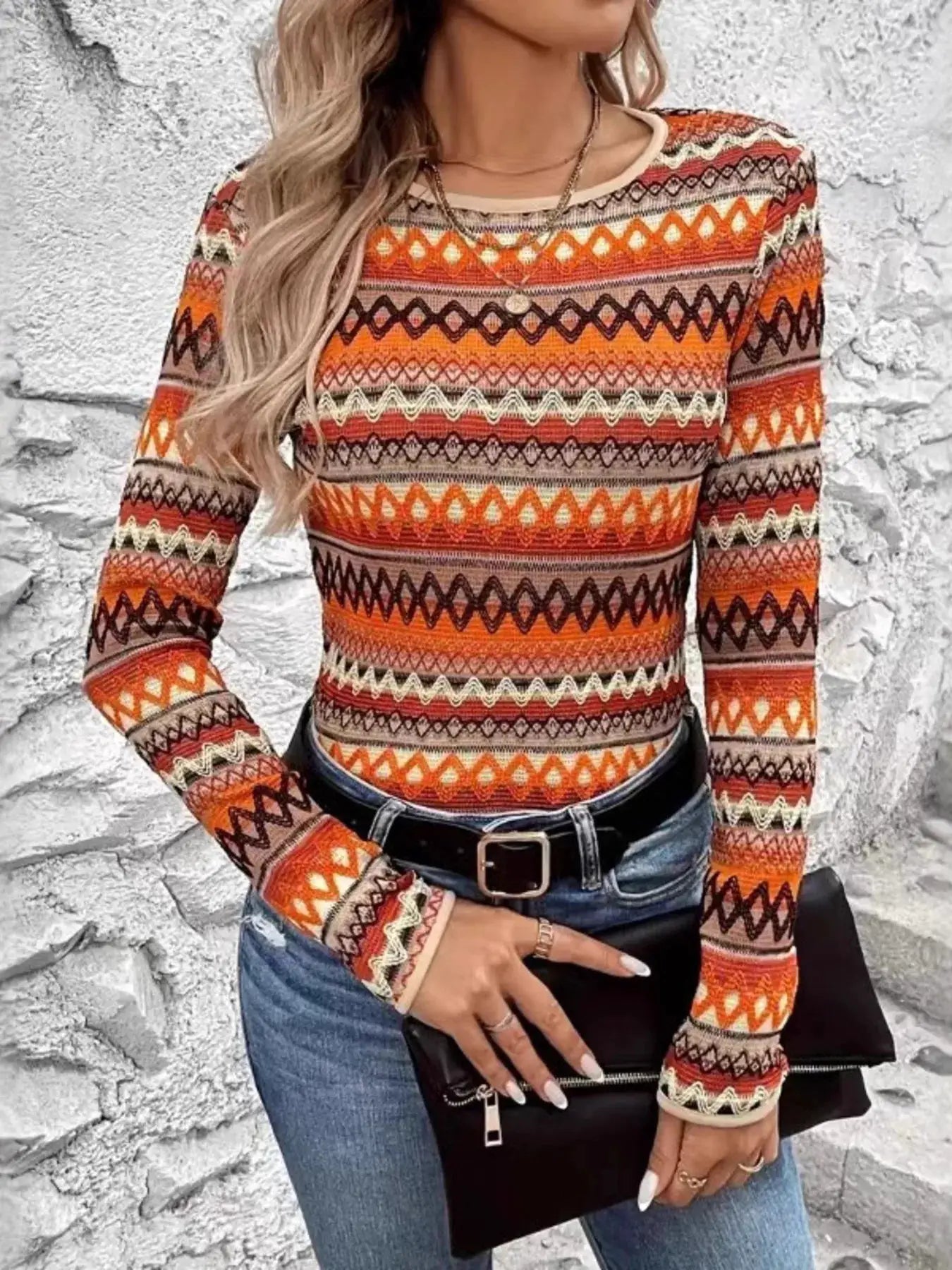 Bohemian Geometric Pattern Long Sleeve T-Shirt in orange, cream, brown and black with zigzag bands; Belle Bijouix