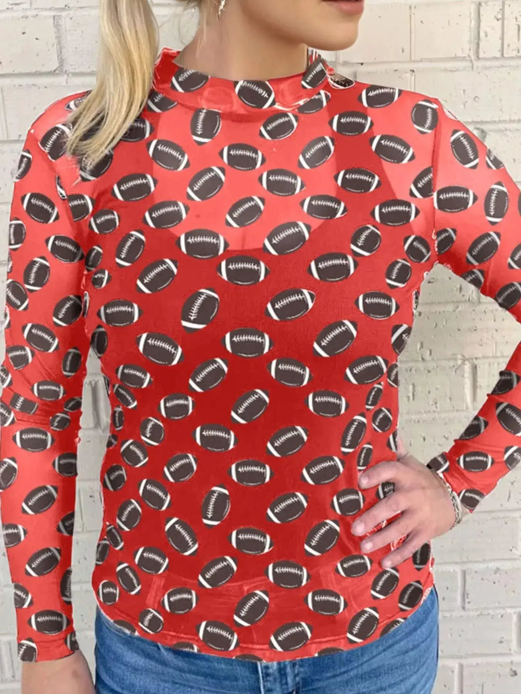 Game Day Mesh Sheer Long Sleeve Top by Belle Bijouix, red football-print mesh.