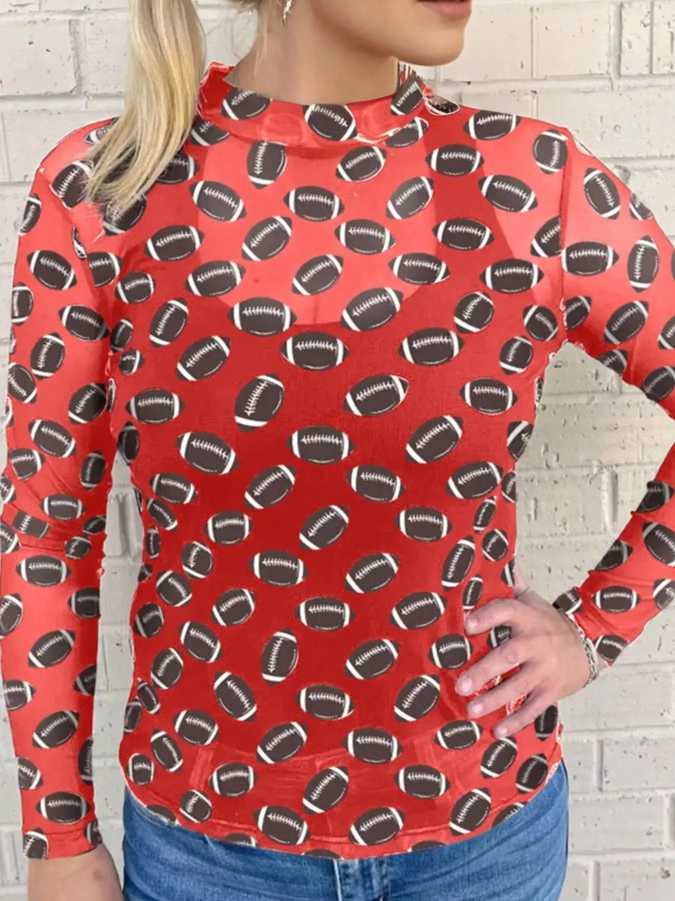 Game Day Mesh Sheer Long Sleeve Top by Belle Bijouix, red football-print mesh.