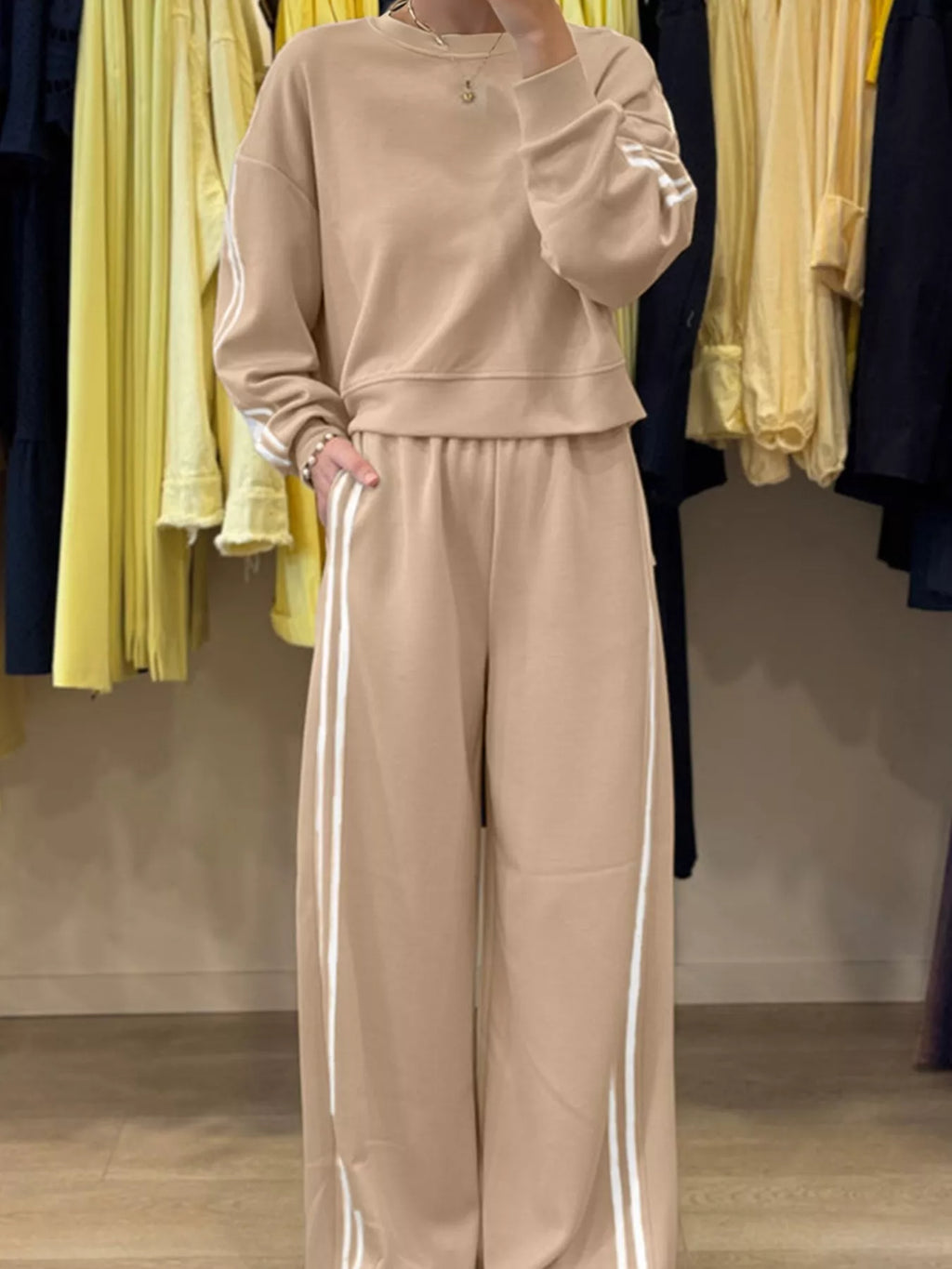 Belle Bijouix Striped Detail Crewneck Top and Elastic Sweatpants 2pc Set in beige with white side stripes