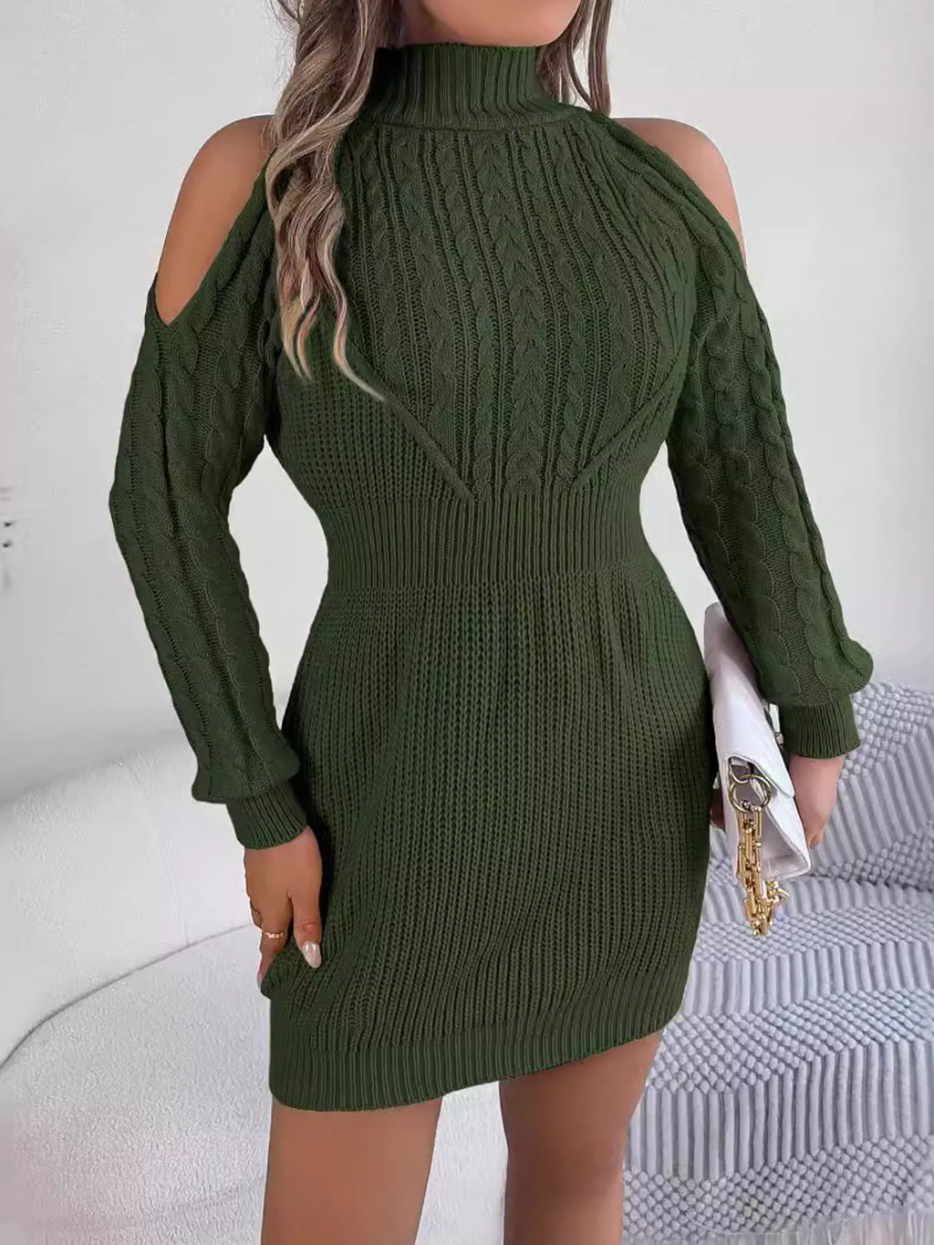 Cold Shoulder Cable Knit Turtleneck Sweater Dress with shoulder cutouts in deep green by Belle Bijouix