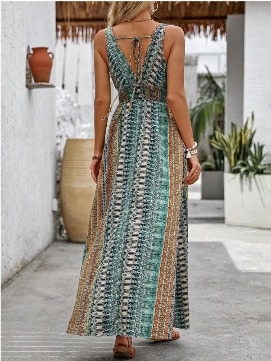 Tied-Back Printed Sleeveless Maxi Slit Dress in teal, orange, and cream pattern