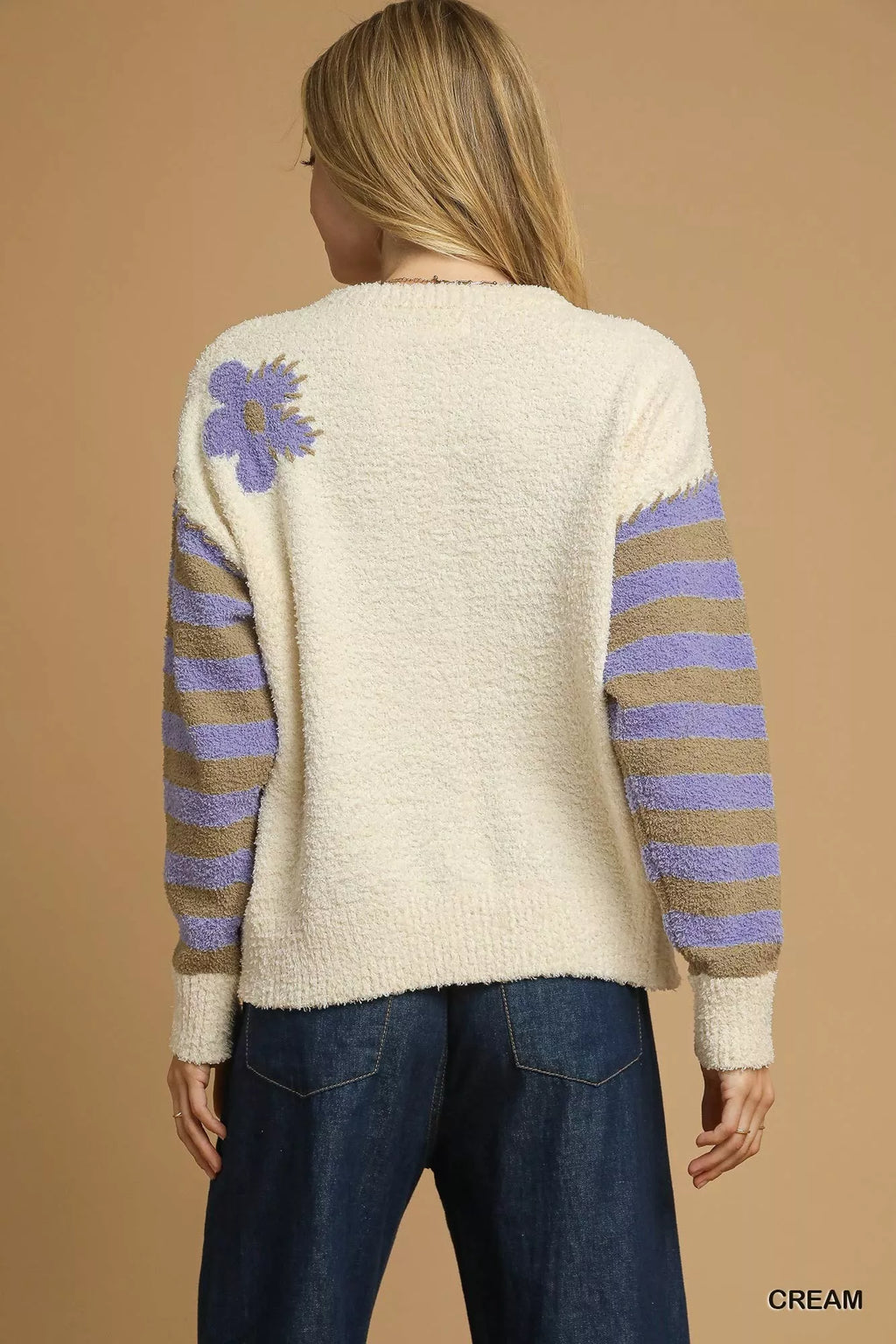Umgee Flower Jacquard Striped Long Sleeve Sweater, cream body with lavender striped sleeves