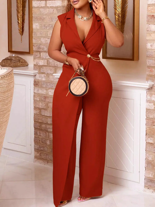 Plus-size one-piece jumpsuit in orange with sleeveless blazer-style top and wide legs