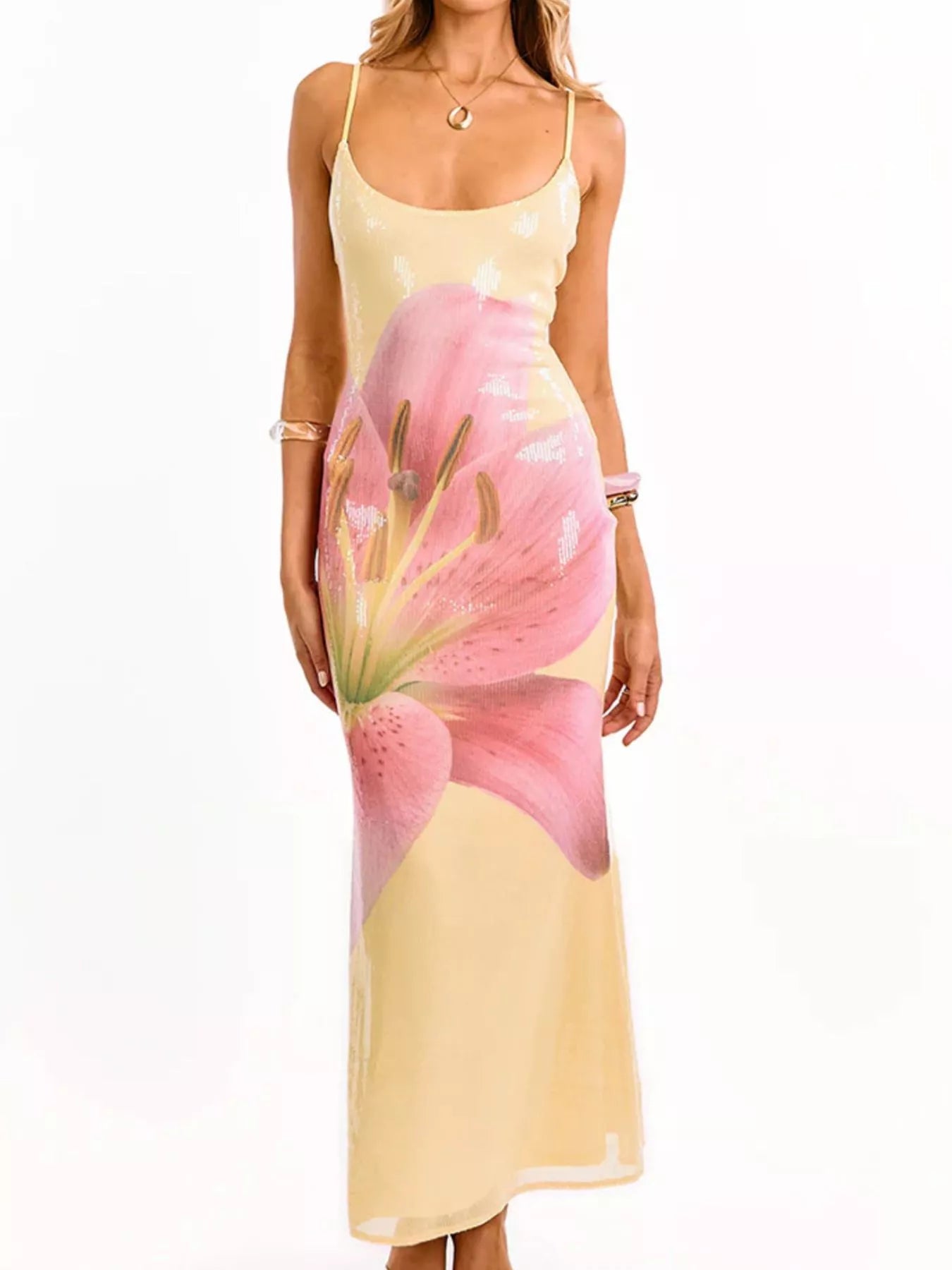 Flower scoop-neck maxi cami dress by Trendsi in yellow with pink floral print