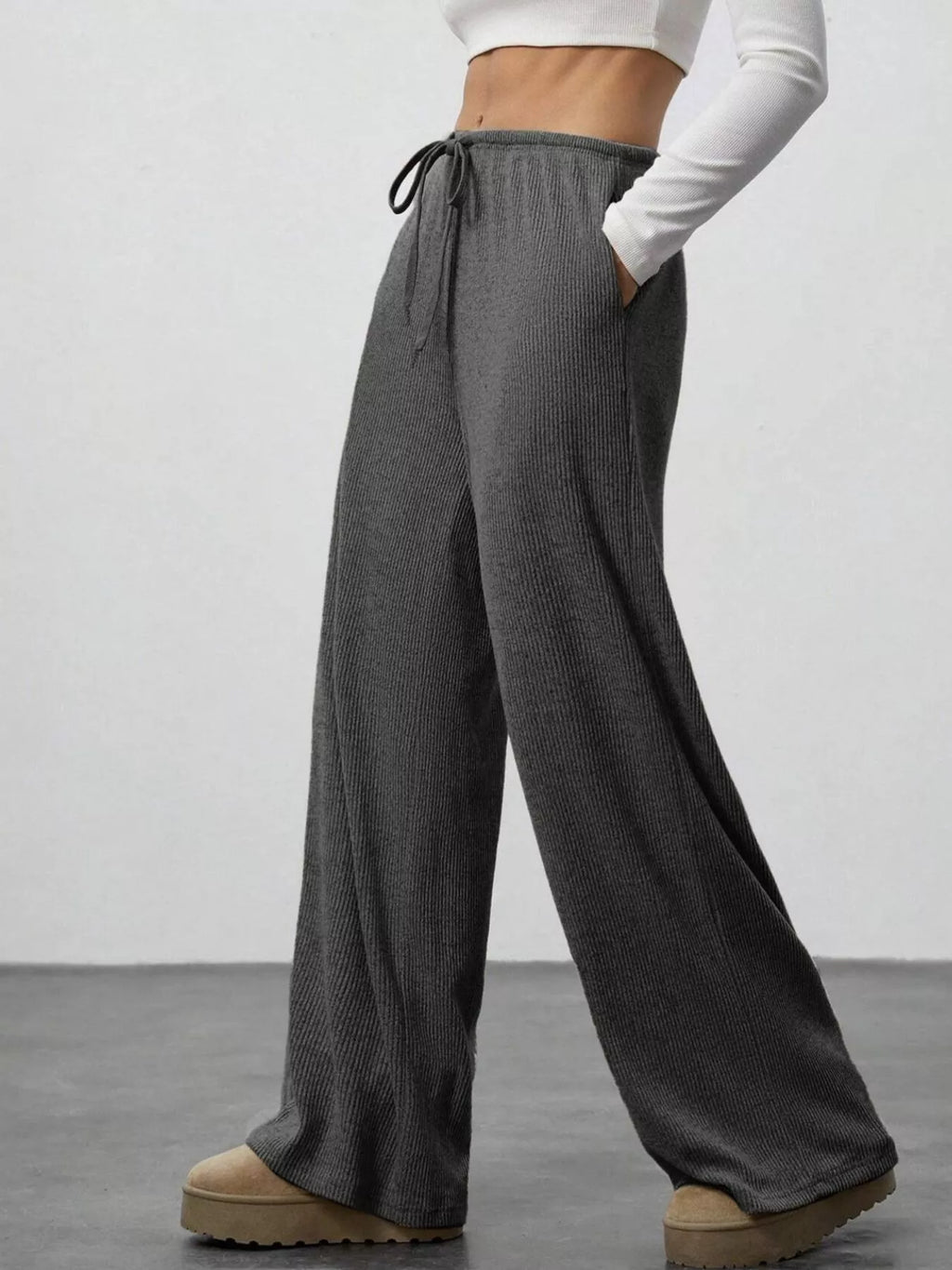 Relaxed Fit Drawstring Pants by Belle Bijouix, gray ribbed joggers with pockets.