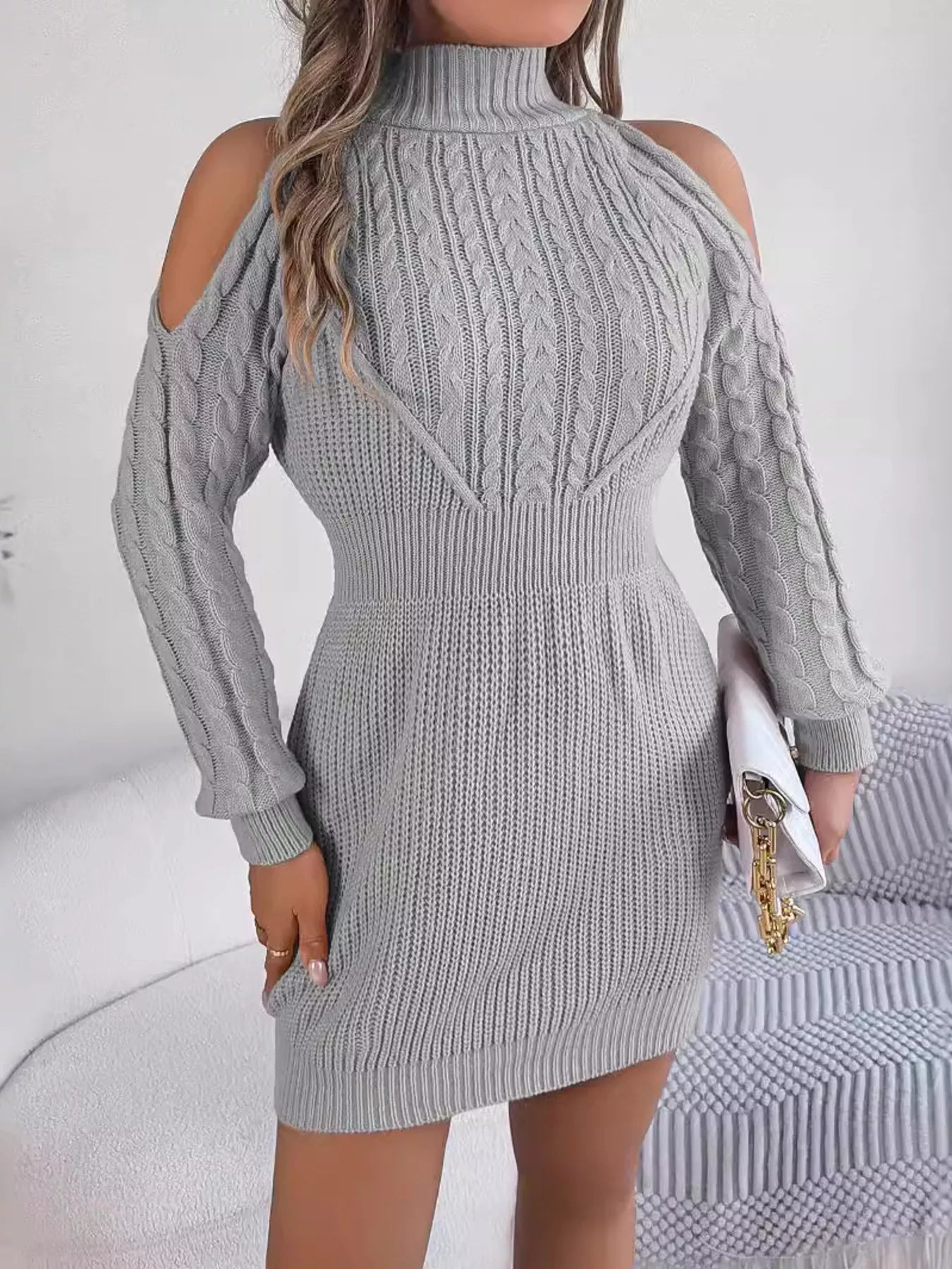  Cold-shoulder cable-knit turtleneck sweater dress in gray by Belle Bijouix
