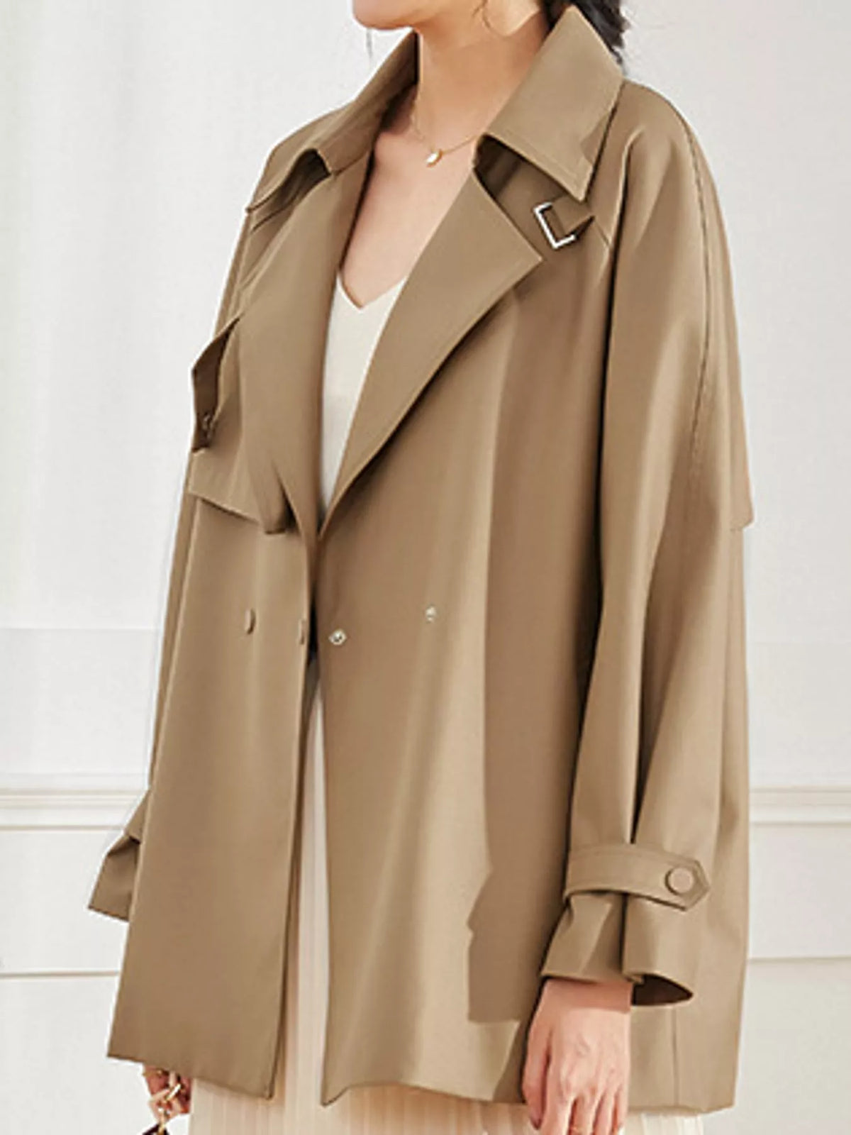 Double-Breasted Tie-Waist Short Trench Coat in Khaki by Belle Bijouix – view 15 of 20
