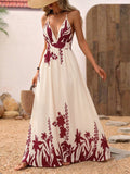 Trendsi Deep V-Neck Spaghetti Strap Maxi Dress in cream with burgundy floral print