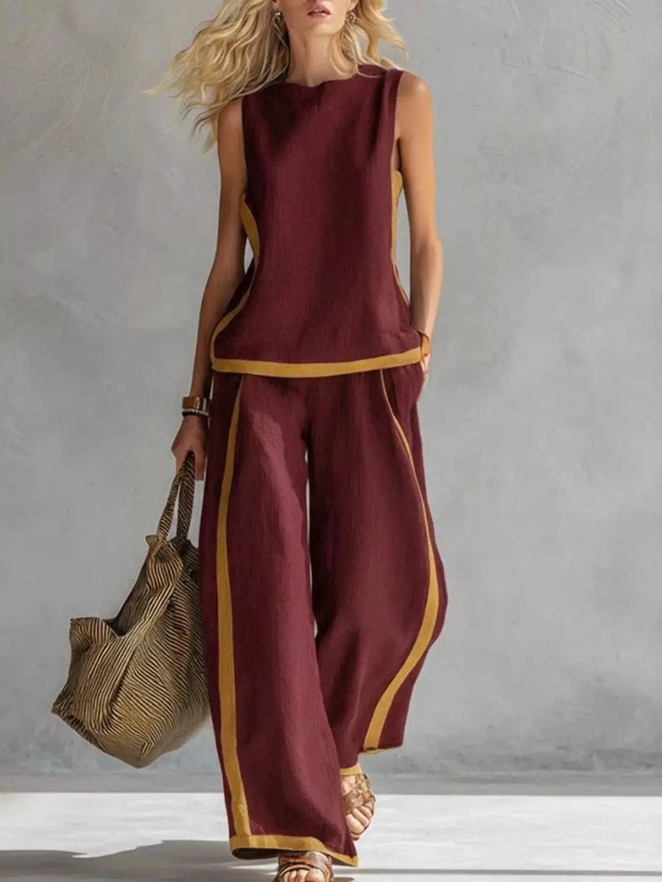 Belle Bijouix 2-piece plus-size sleeveless top and wide-leg pants set in burgundy with mustard-yellow contrast piping