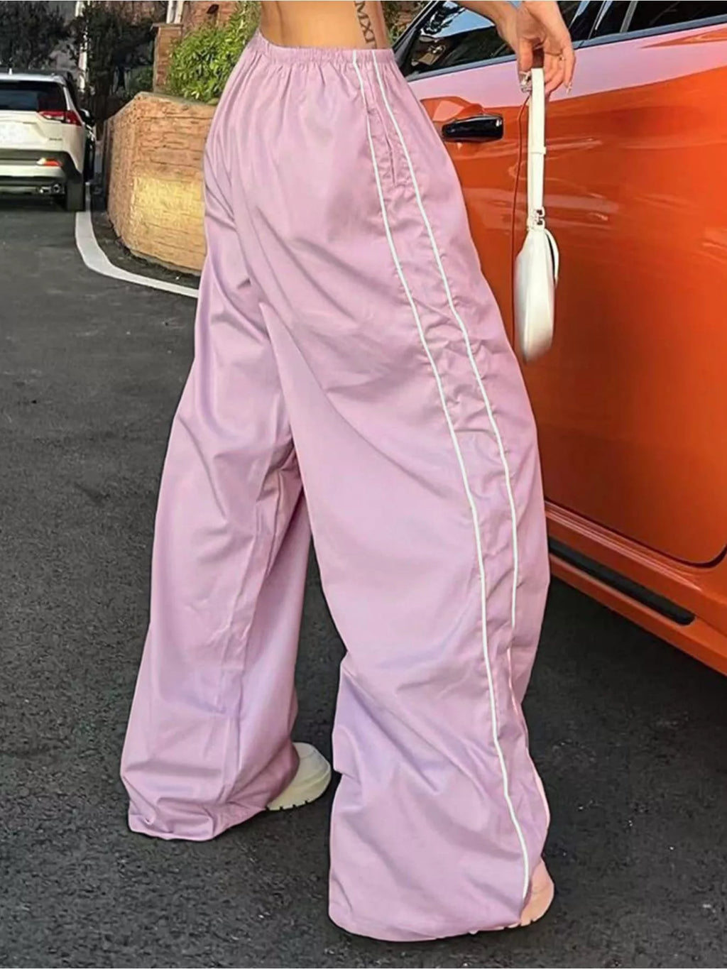 Elastic Waist Wide Leg Pants in lavender pink with white piping
