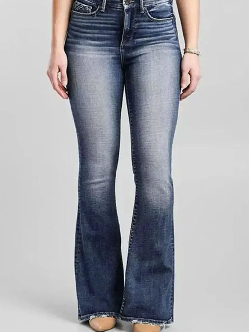 High-Rise Flare Gradient-Wash Jeans in indigo denim with faded thighs