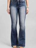 High-Rise Flare Gradient-Wash Jeans in indigo denim with faded thighs