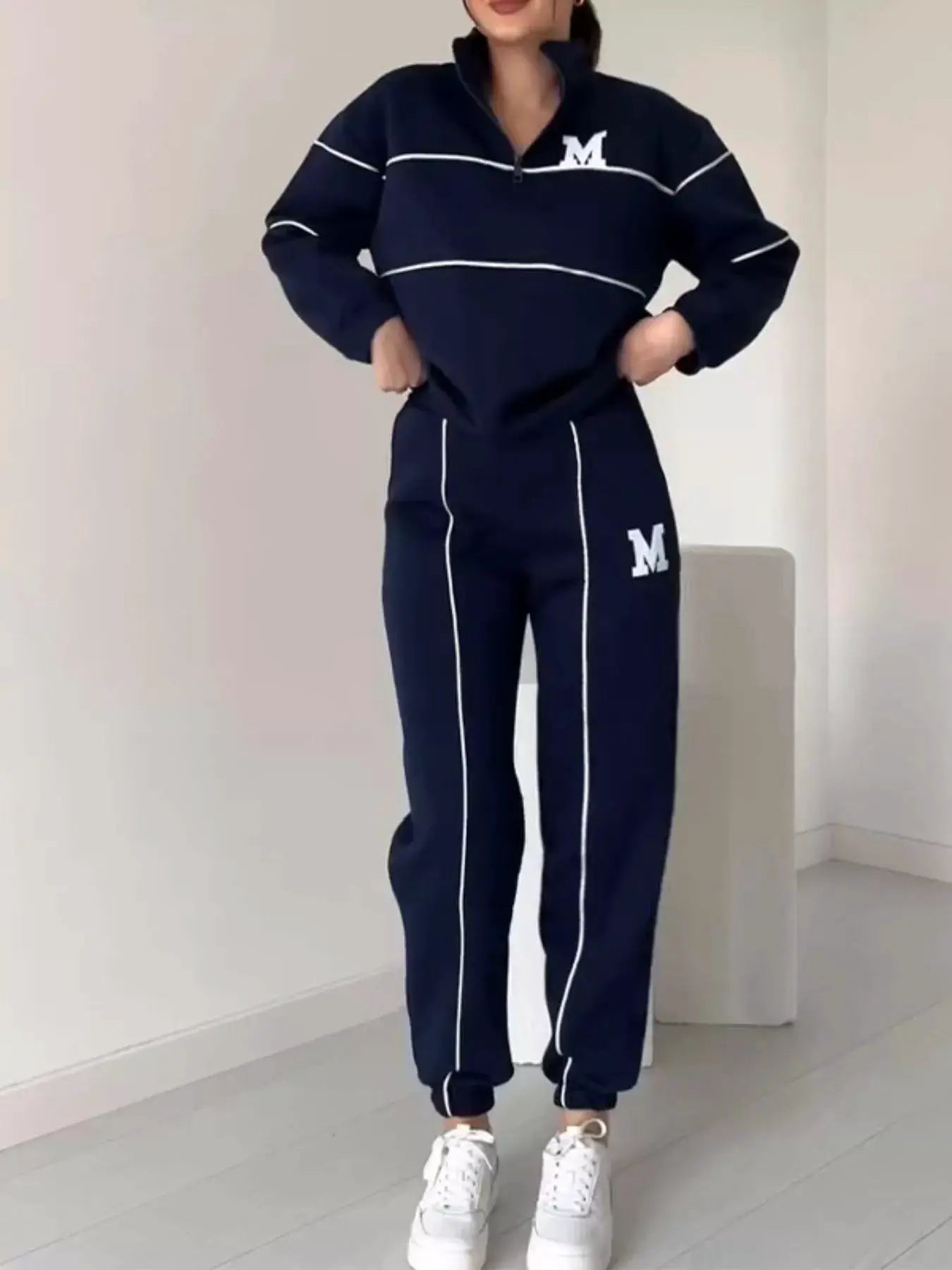 Belle Bijouix plus-size navy striped quarter-zip top and pants loungewear set with pockets, white piping, and M logos