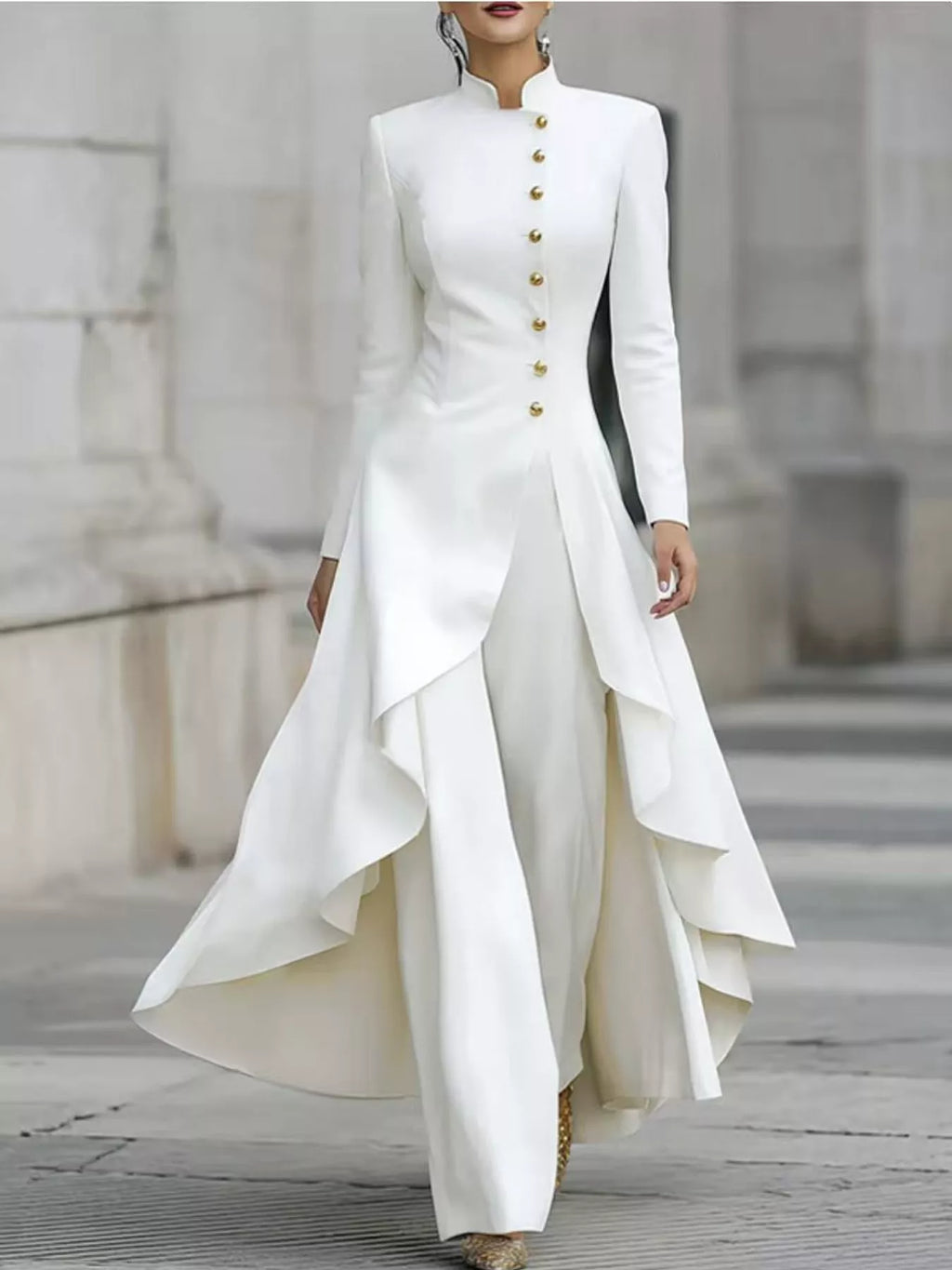 Ruffled High-Low Button Tunic & Wide-Leg Pants Set in White by Belle Bijouix – view 1 of 82