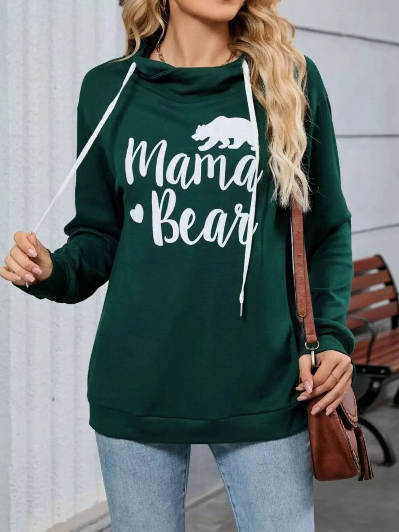 Letter Drawstring Long Sleeve Hoodie in green with white drawstrings and Mama Bear graphic.
