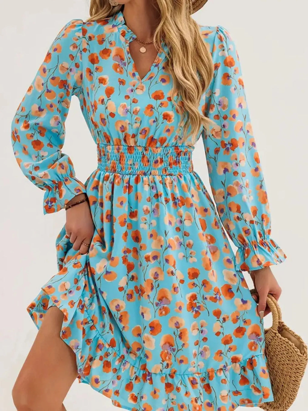 Dress: Belle Bijouix Floral Print Flounce Sleeve Ruffle Hem, sky blue with orange blossoms, smocked waist.