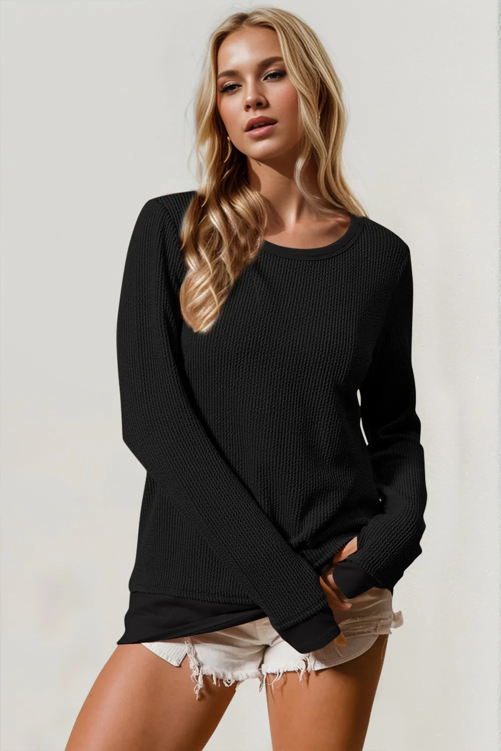 Double Take corded rib thumbhole cuff round-neck T-shirt, black with textured knit.