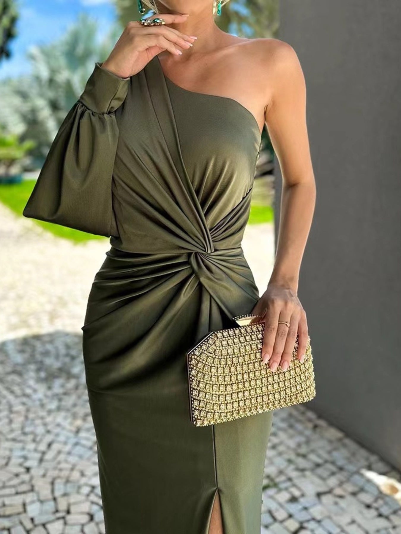 Trendsi plus-size one-shoulder knot-detail olive-green satin maxi dress with front slit