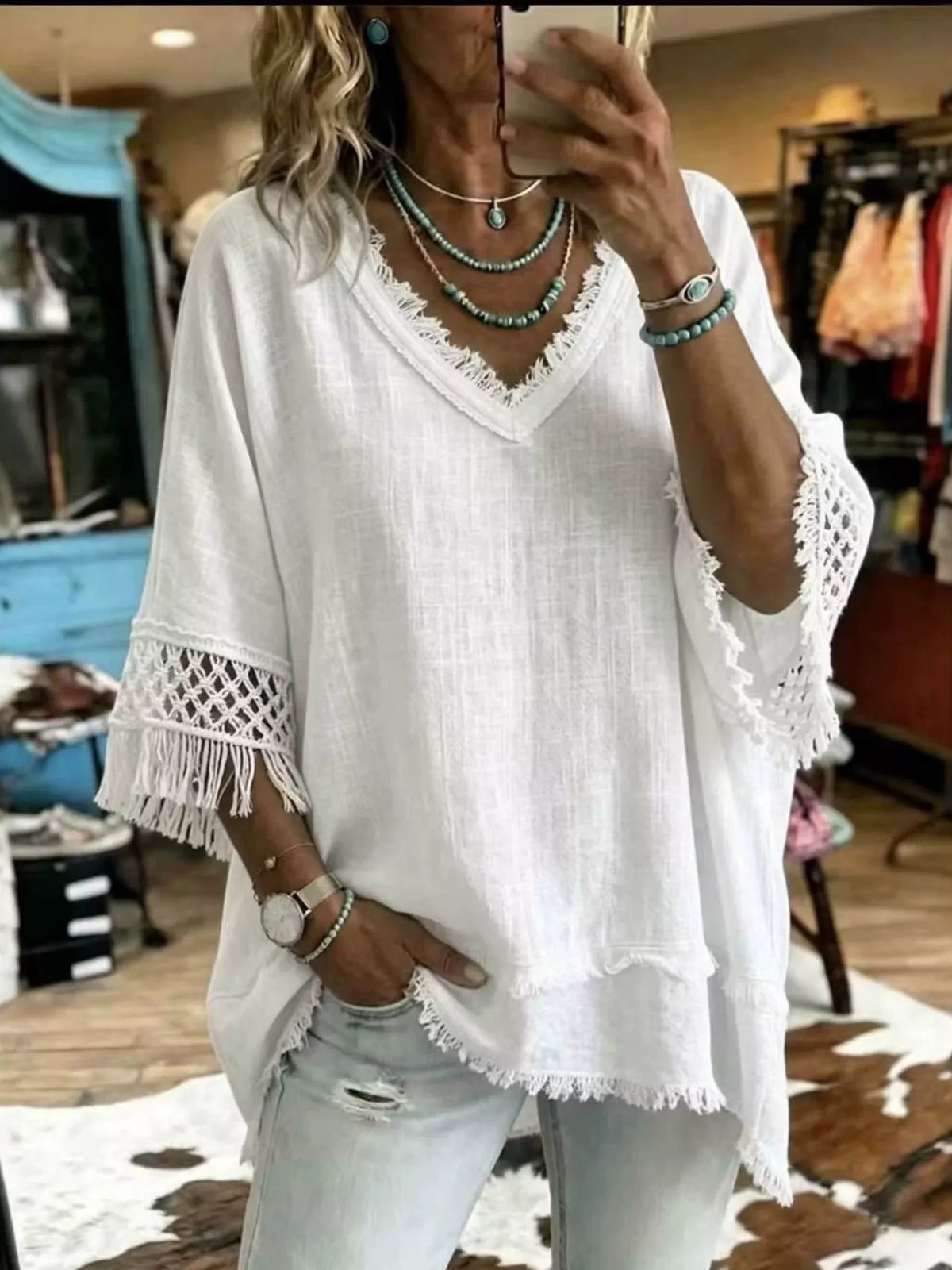 Fringe Trim V-Neck Loose Fit Blouse