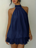 Halter-neck layered navy mini dress by Bellebijouix with tiered ruffles