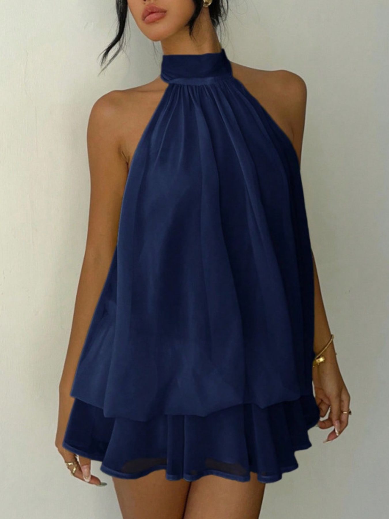 Halter-neck layered navy mini dress by Bellebijouix with tiered ruffles