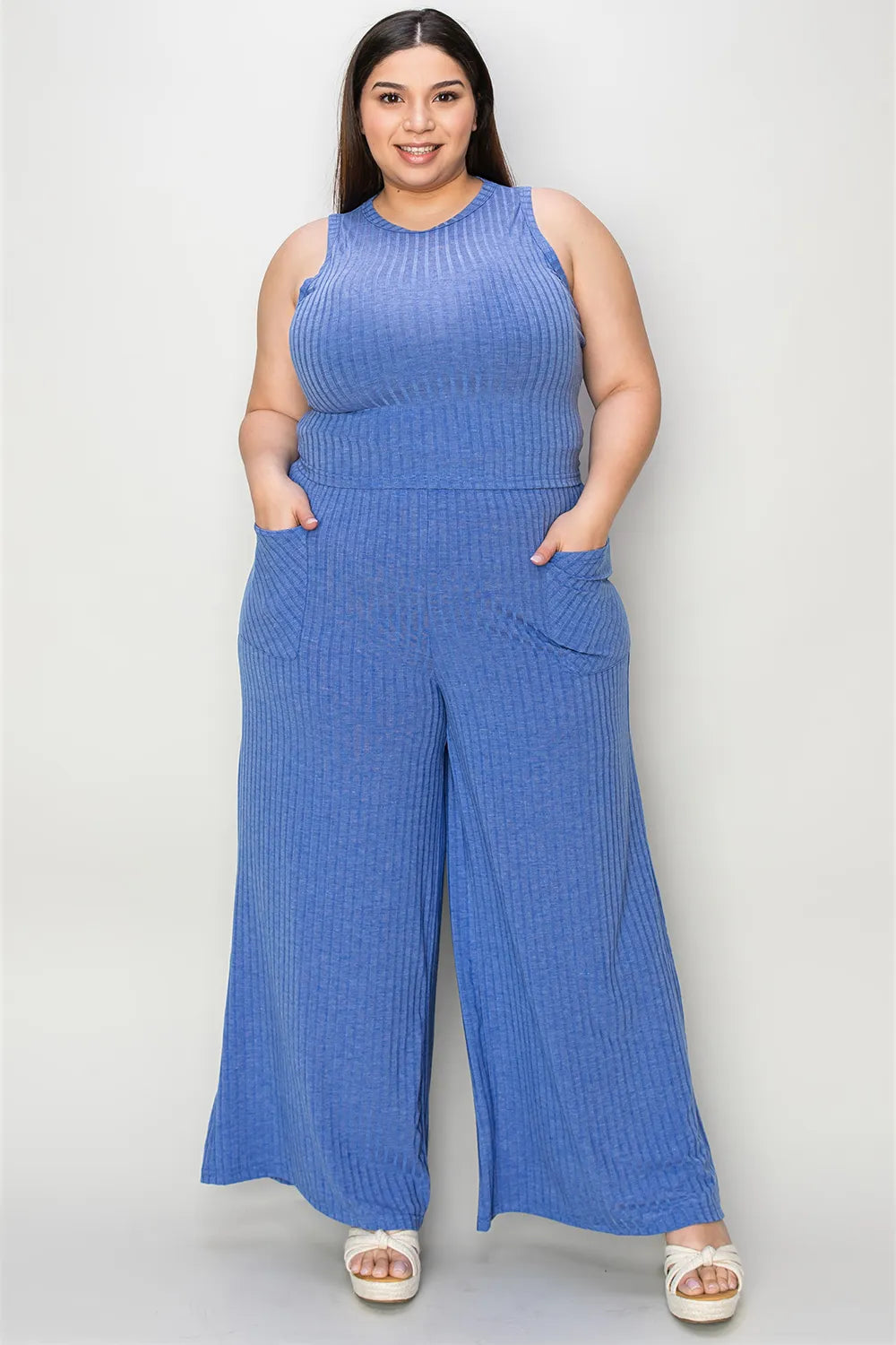 Basic Bae Full Size Ribbed Tank and Wide Leg Pants Set, two-piece in blue with pockets