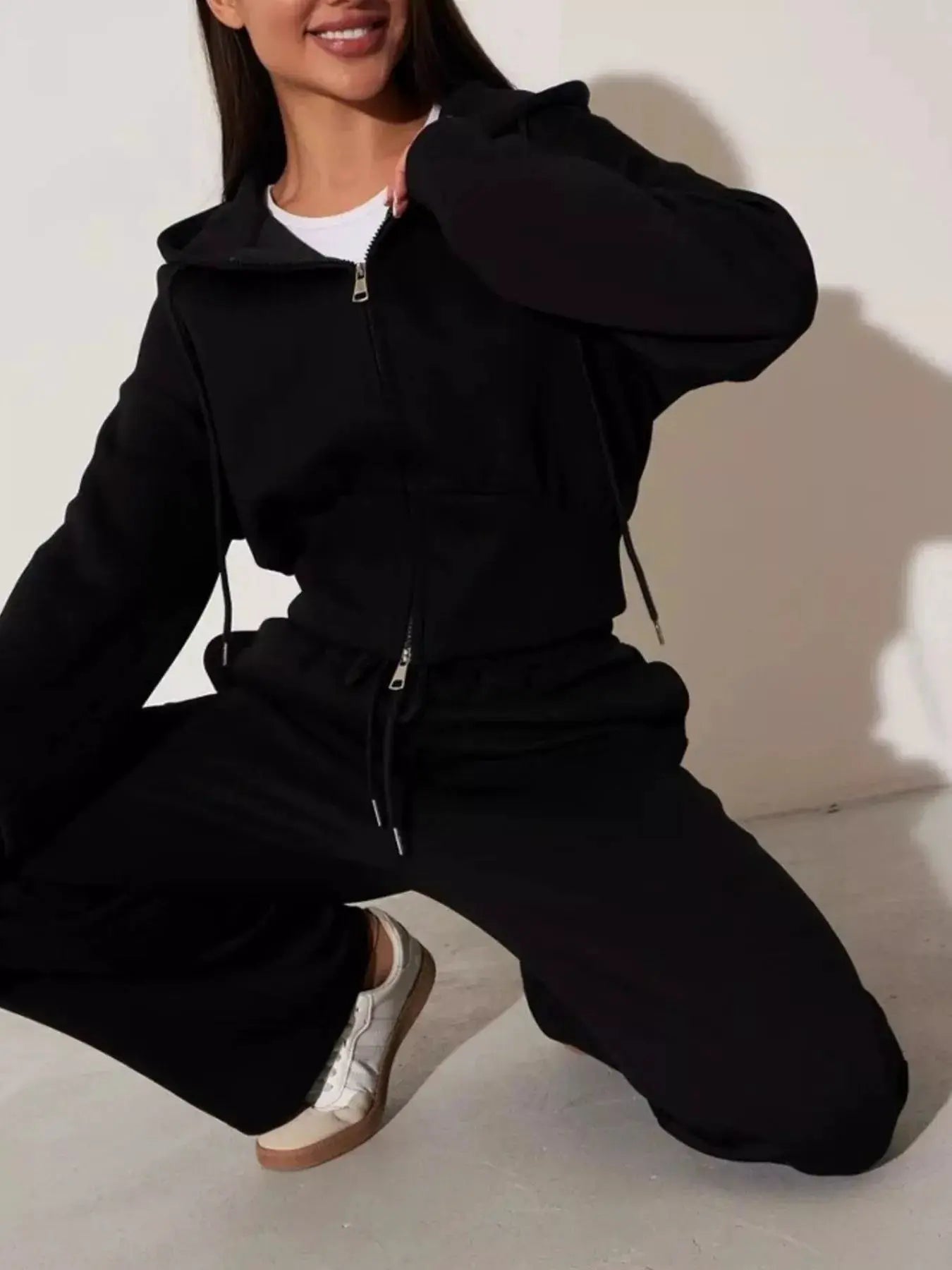 Zip-Up Hoodie & Wide-Leg Pants Set in black, women's active loungewear set