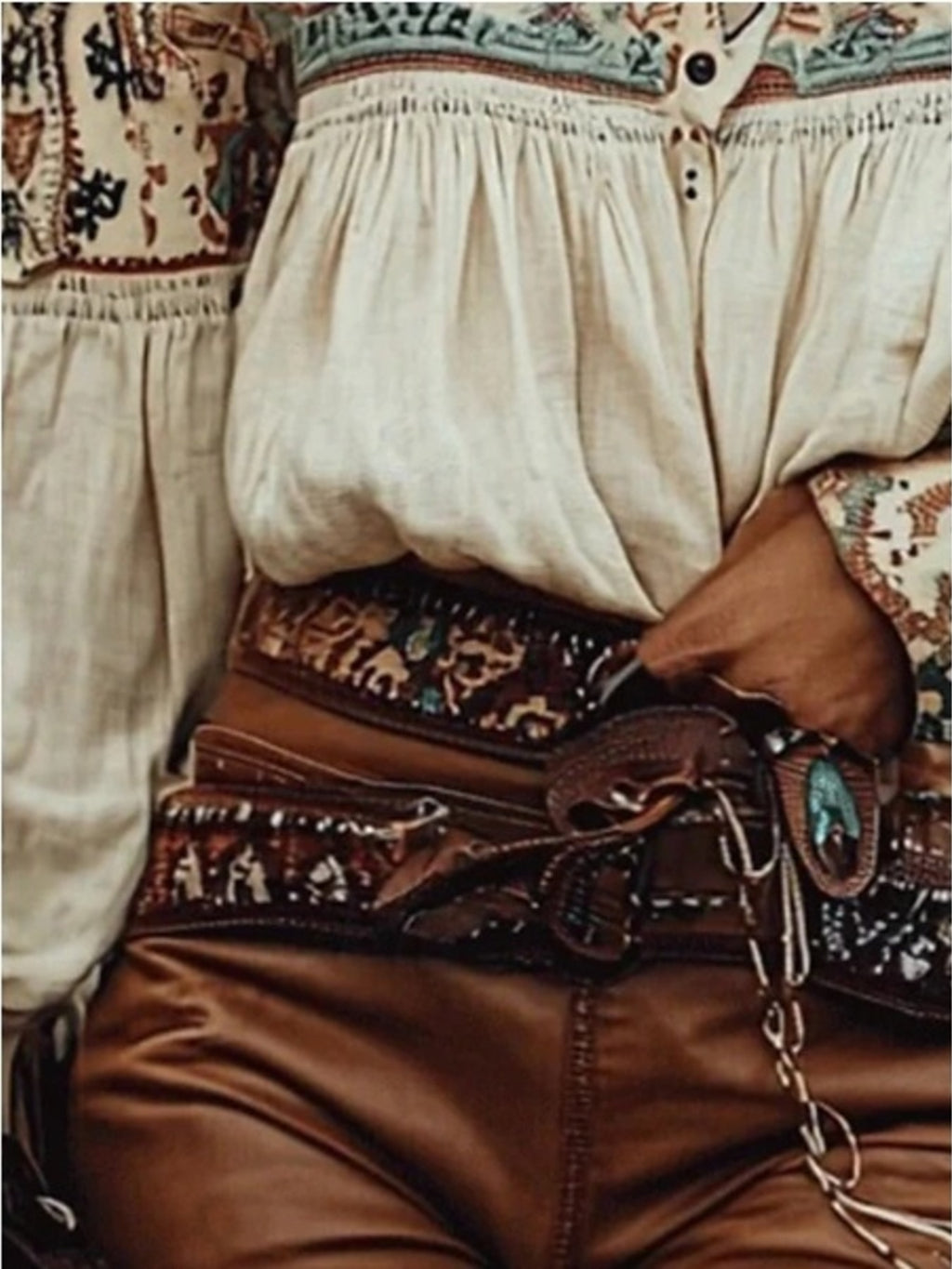 Beige off-shoulder long-sleeve blouse with smocked elastic waist