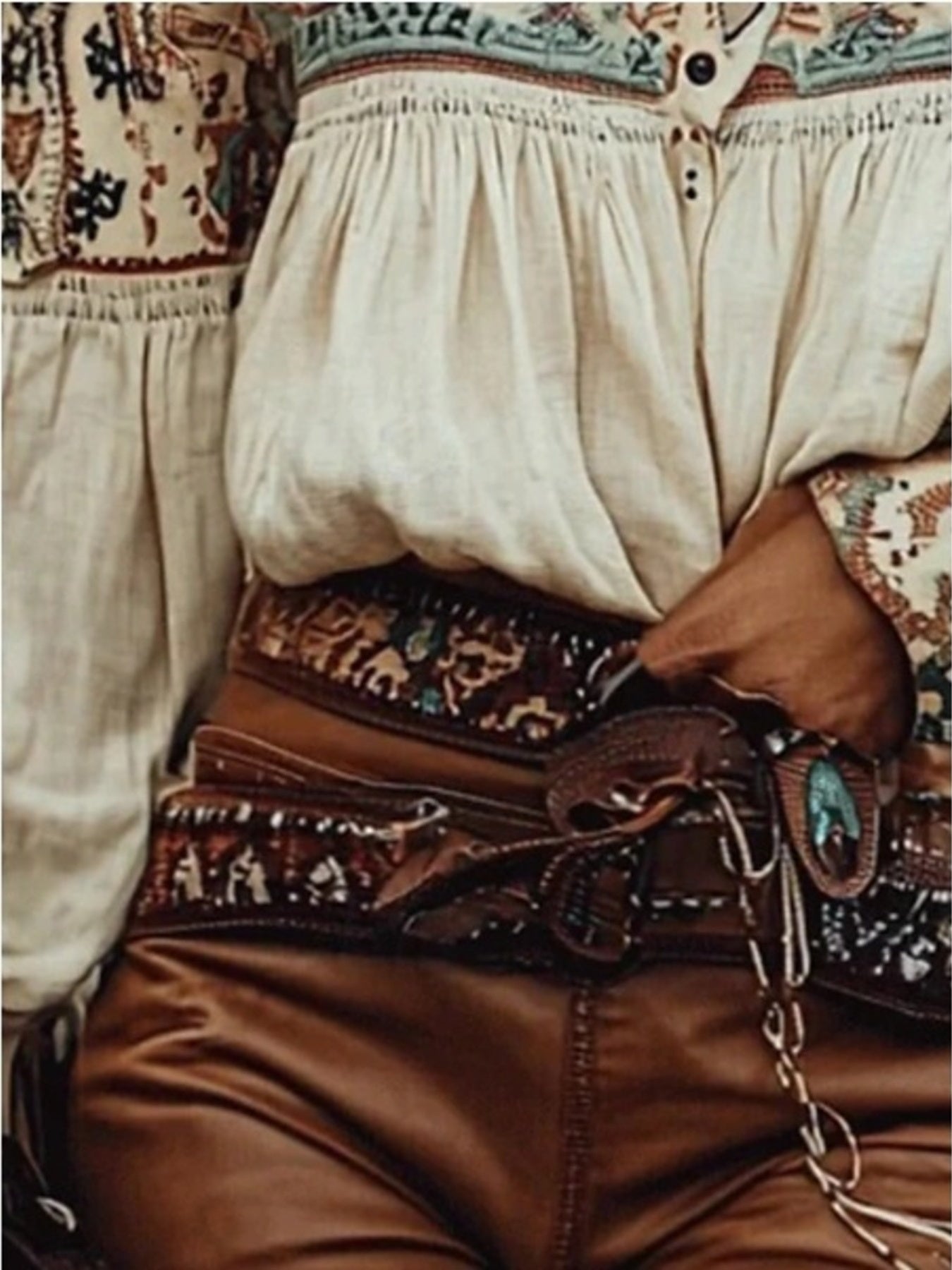 Beige off-shoulder long-sleeve blouse with smocked elastic waist