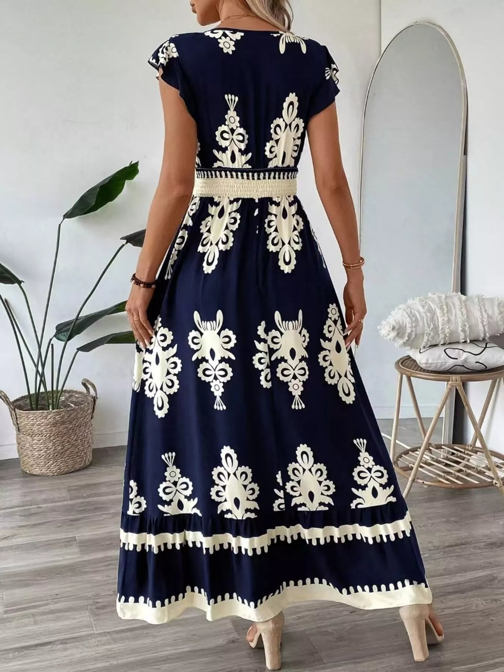Printed V-Neck Ruffled Cap Sleeve Dress by Belle Bijouix, navy with cream damask print, smocked waist, maxi length