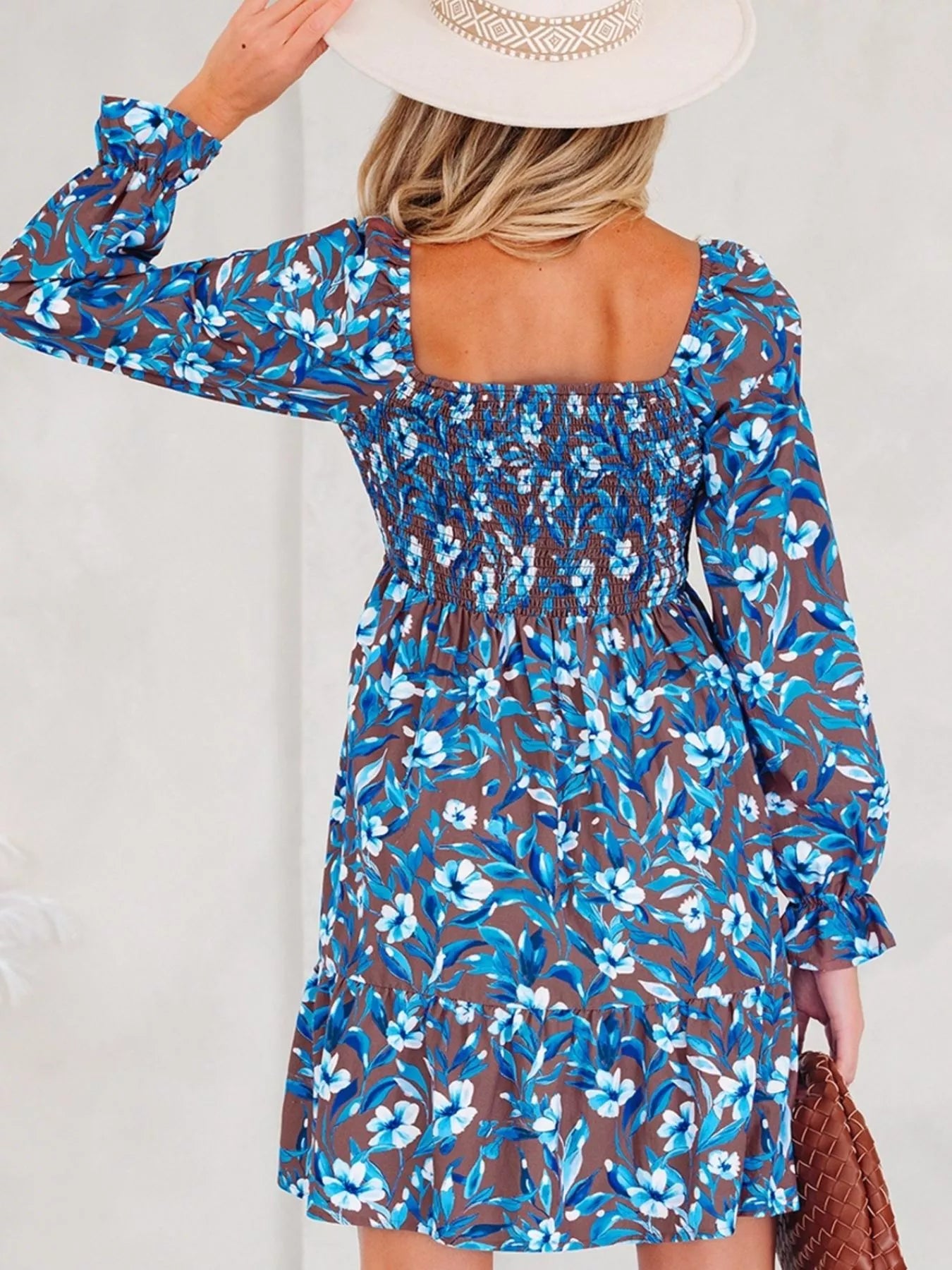 Smocked Bodice High Waist Ruffled Sleeve Floral Dress by Belle Bijouix, blue floral print on brown