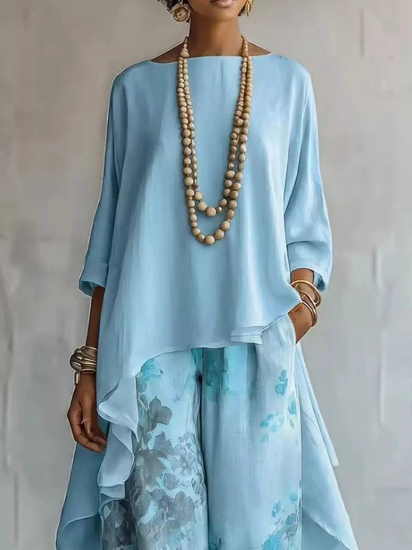 Asymmetrical Hem Top and Floral Pants Set in light blue with floral print