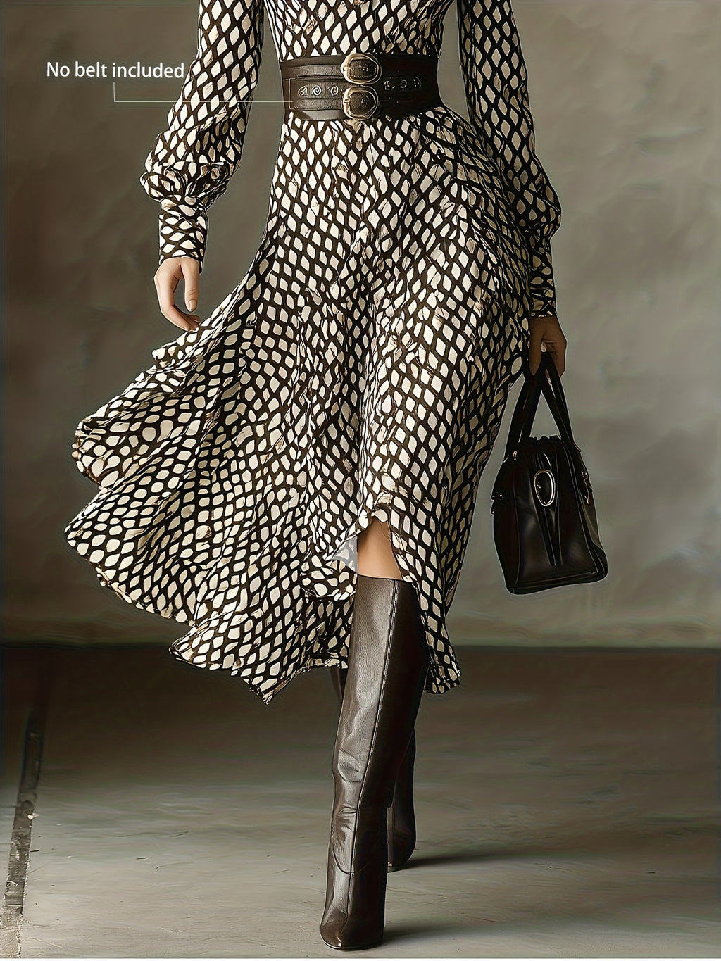 Printed long sleeve midi dress by Trendsi in black and cream geometric lattice print
