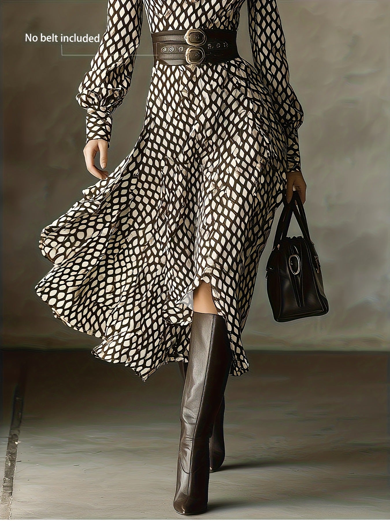 Printed long sleeve midi dress by Trendsi in black and cream geometric lattice print