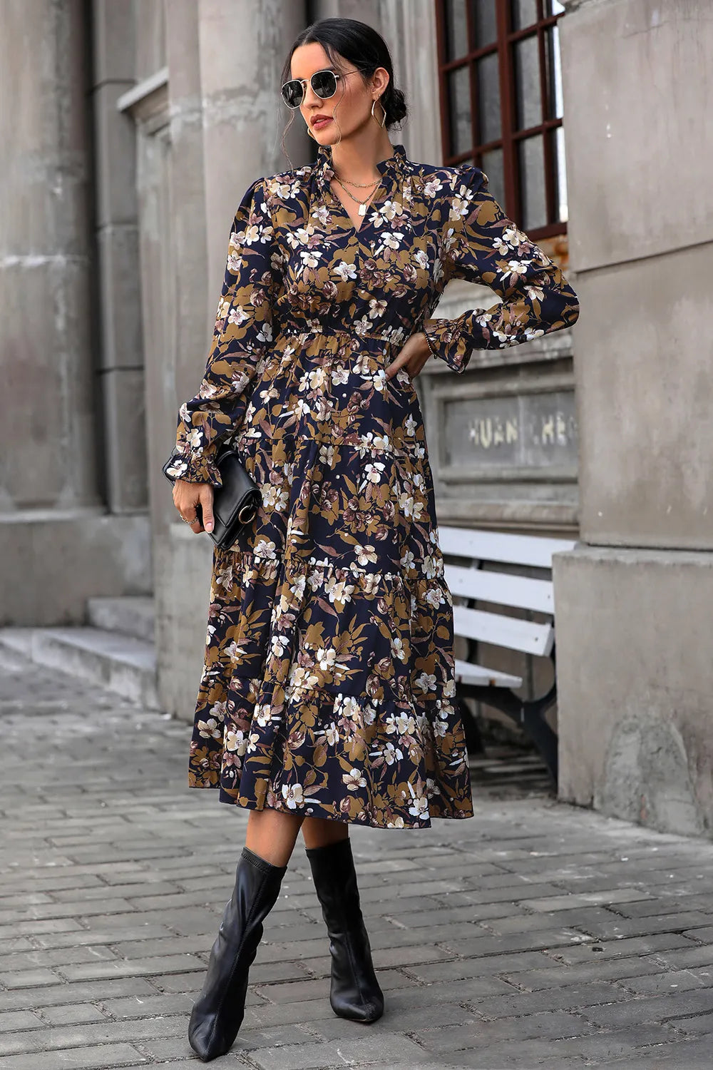 Perfee Floral Flounce Sleeve Tiered Dress; navy floral print, long sleeves, midi length.