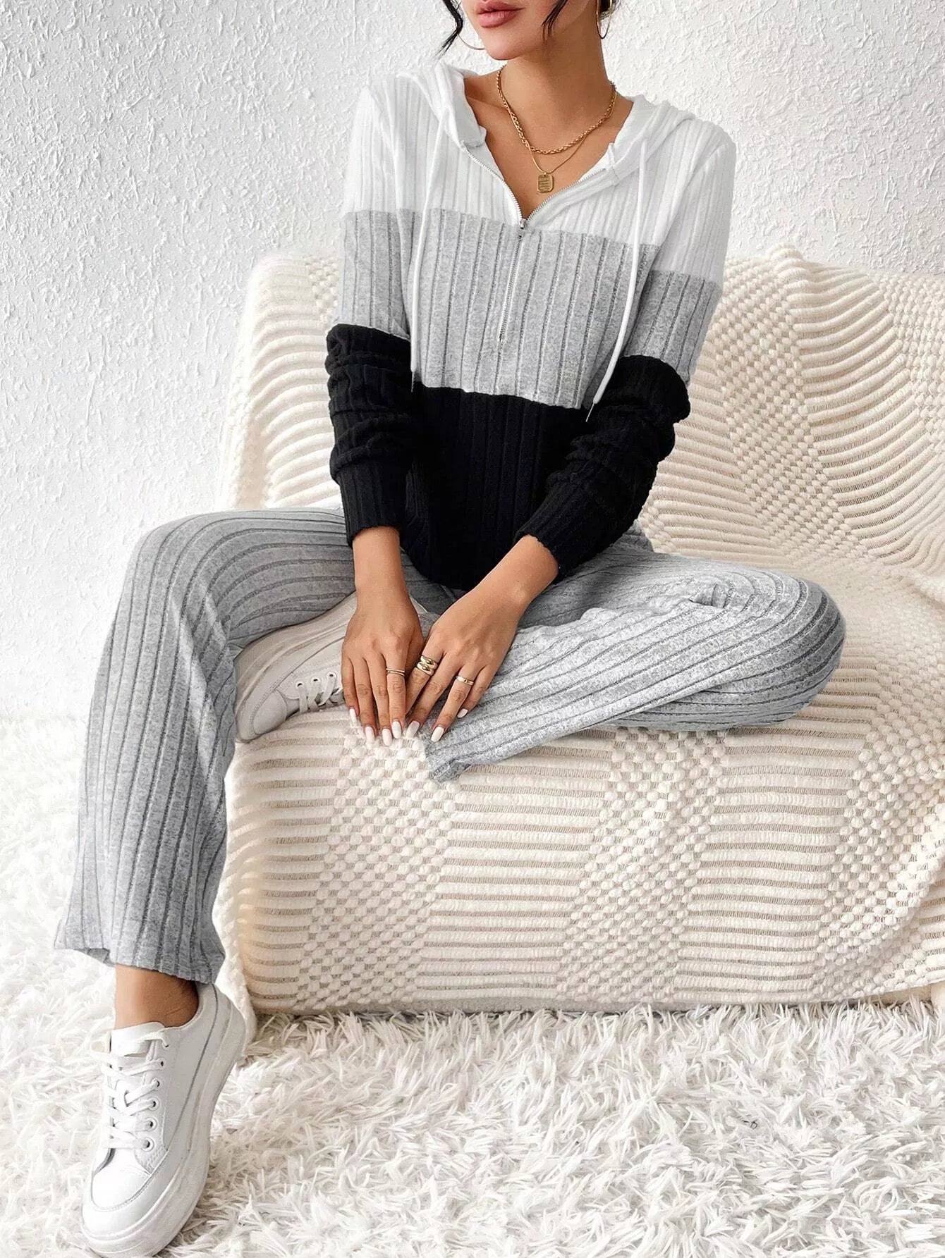Color Block Half Zip Hooded Top and Pants Set, two-piece knit loungewear in white gray black