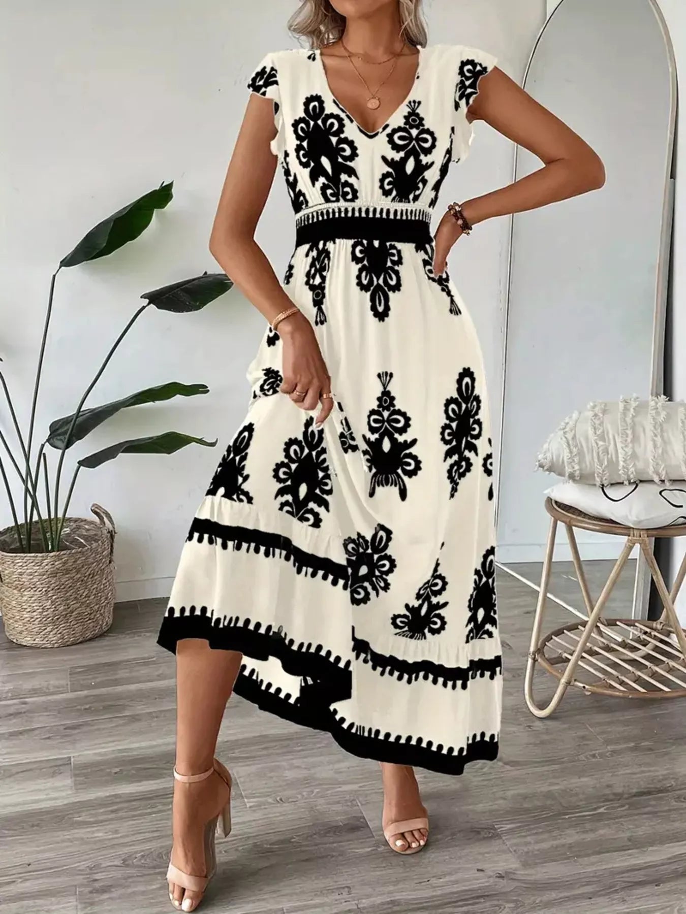 Dress: Belle Bijouix Printed V-Neck Ruffled Cap Sleeve, white with black floral print and smocked waist.
