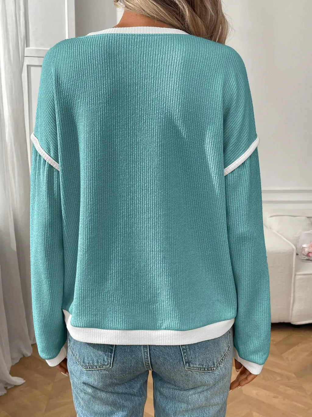 Ribbed Contrast Trim Long Sleeve Top in teal with white trim at cuffs and hem