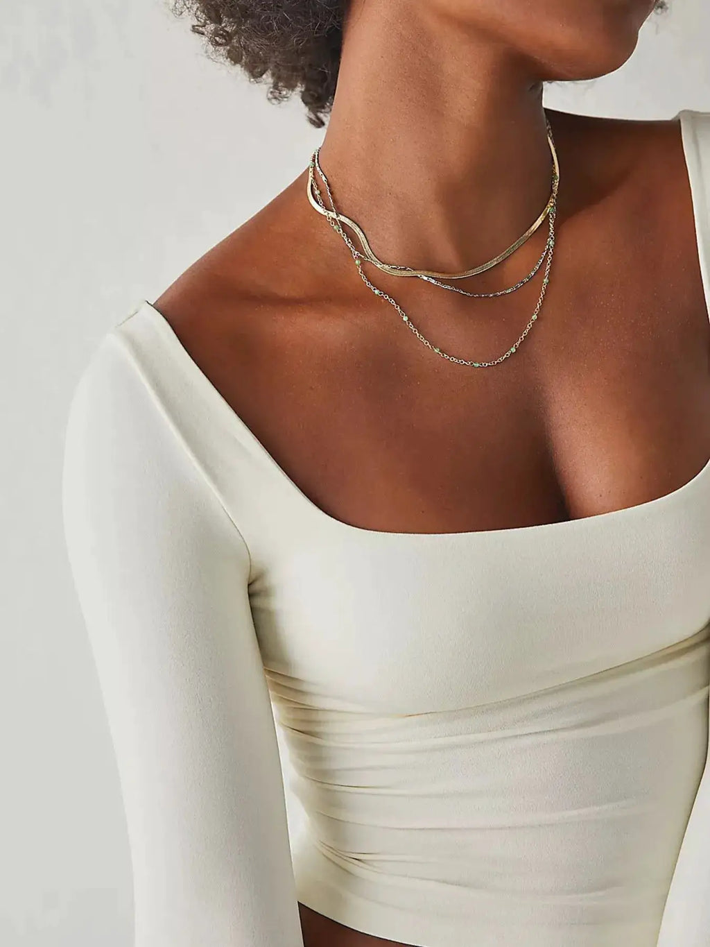 Square Neck Fitted Long Sleeve T-Shirt in ivory with a cropped silhouette.