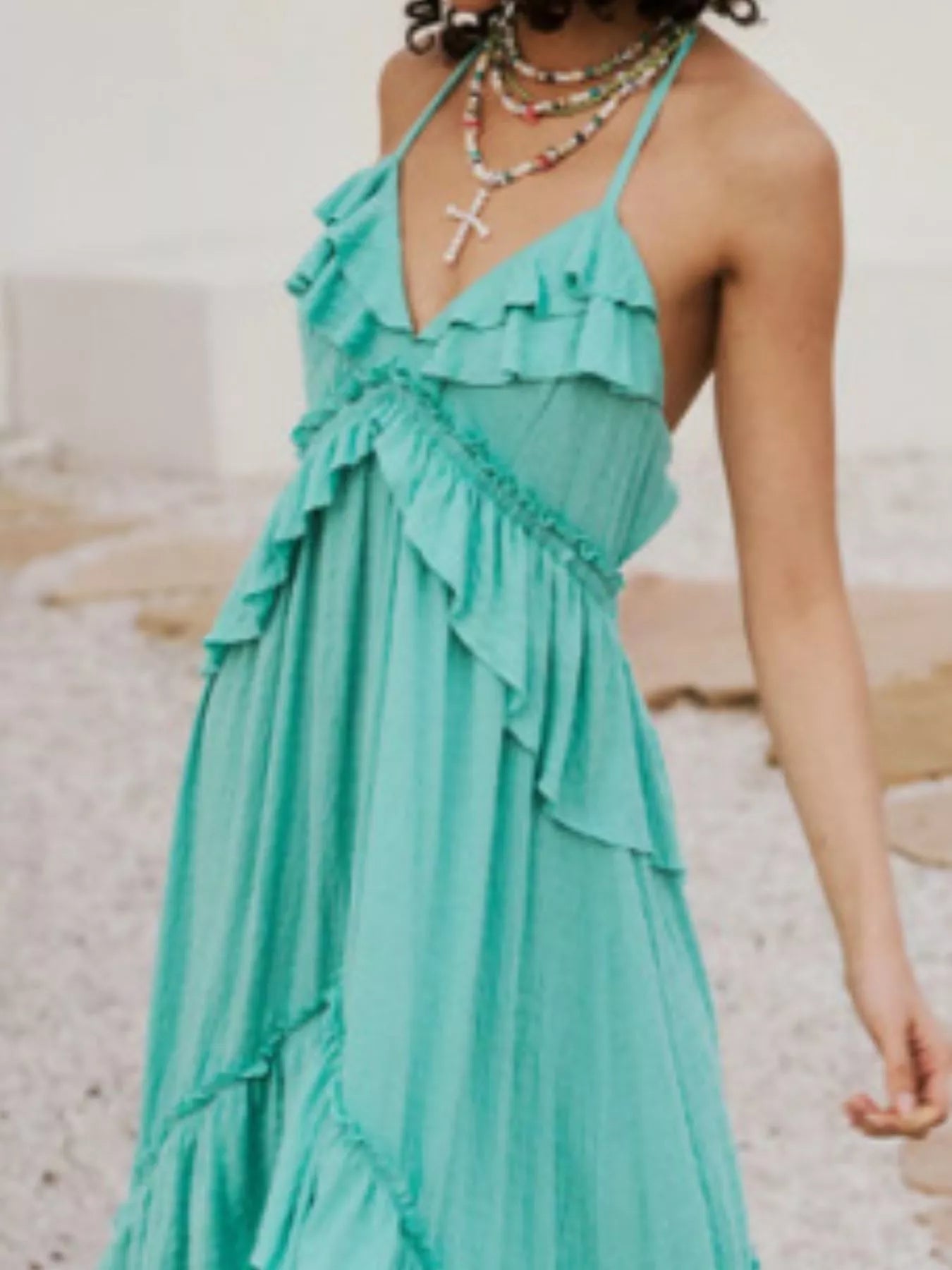 Ruffled Halter Neck Maxi Dress in turquoise by Belle Bijouix
