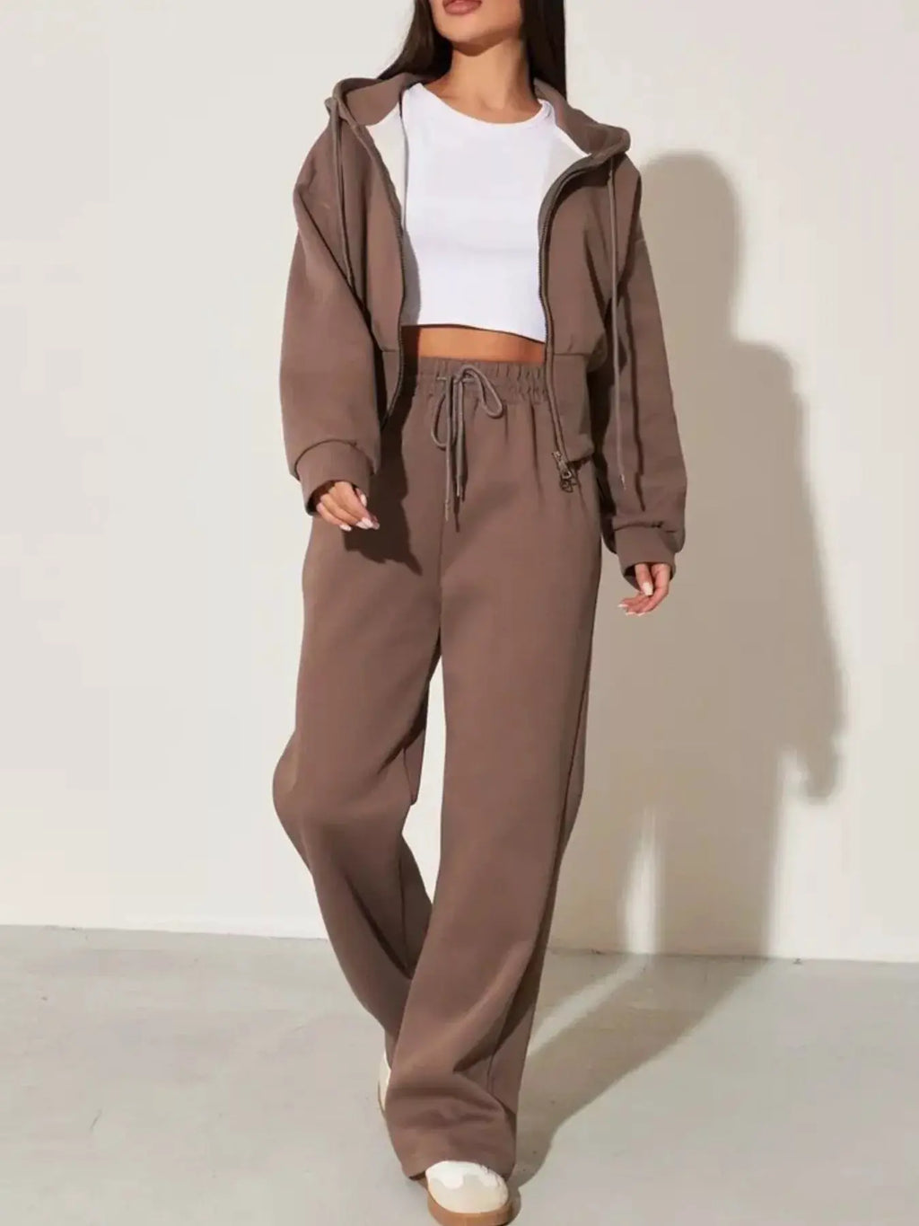Zip-Up Hoodie & Wide-Leg Pants Set, taupe two-piece women's loungewear